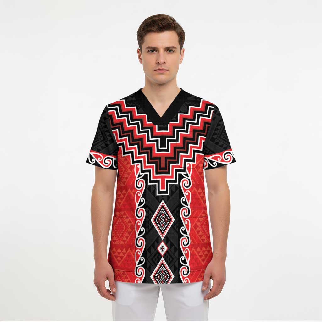 Red Niho Taniwha Mix Poutama Scrub Top Unique Taniko Aotearoa LT01 - Polynesian Pride