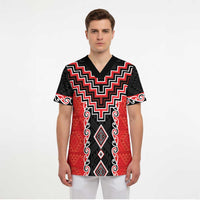 Red Niho Taniwha Mix Poutama Scrub Top Unique Taniko Aotearoa LT01 - Polynesian Pride