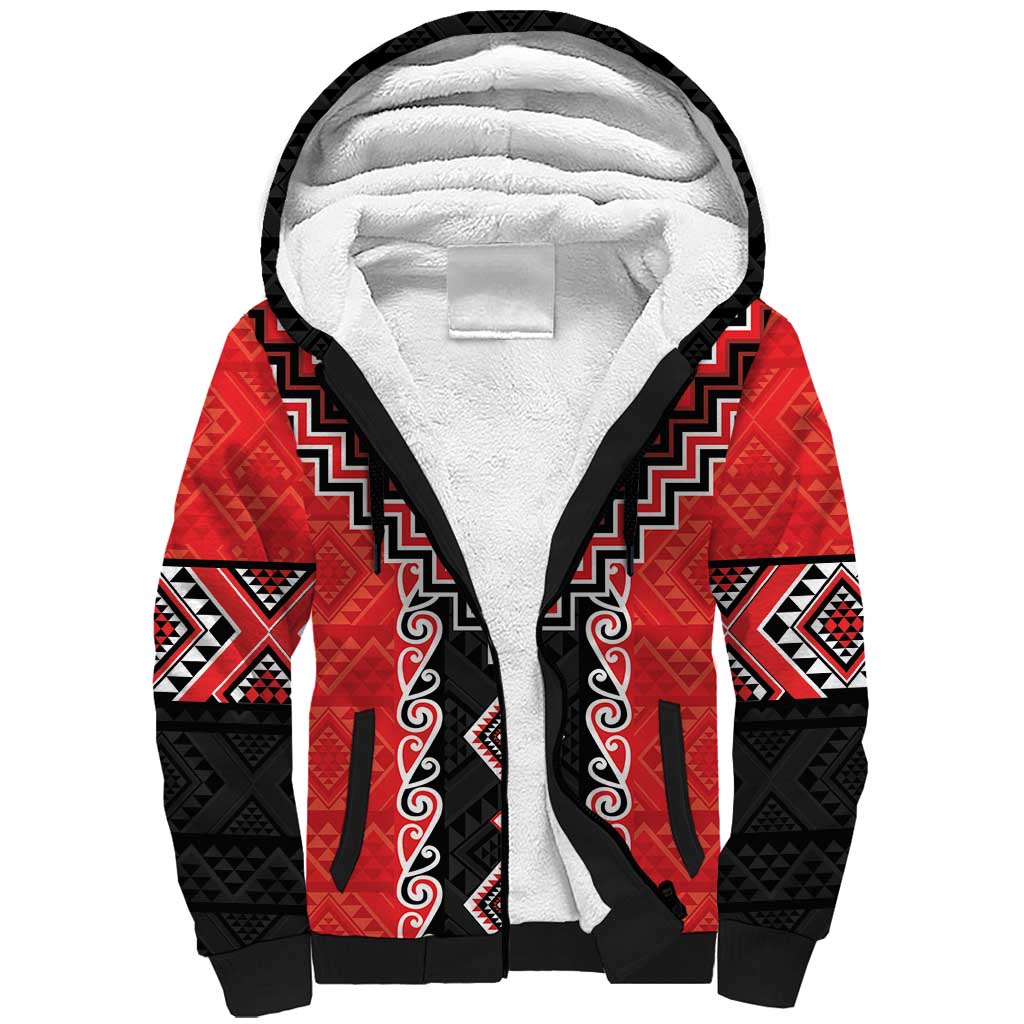 Red Niho Taniwha Mix Poutama Sherpa Hoodie Unique Taniko Aotearoa LT01 Unisex Red - Polynesian Pride