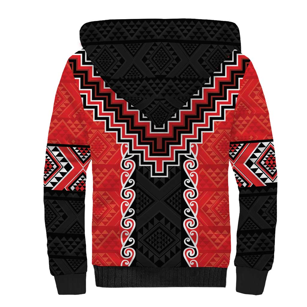 Red Niho Taniwha Mix Poutama Sherpa Hoodie Unique Taniko Aotearoa LT01 - Polynesian Pride