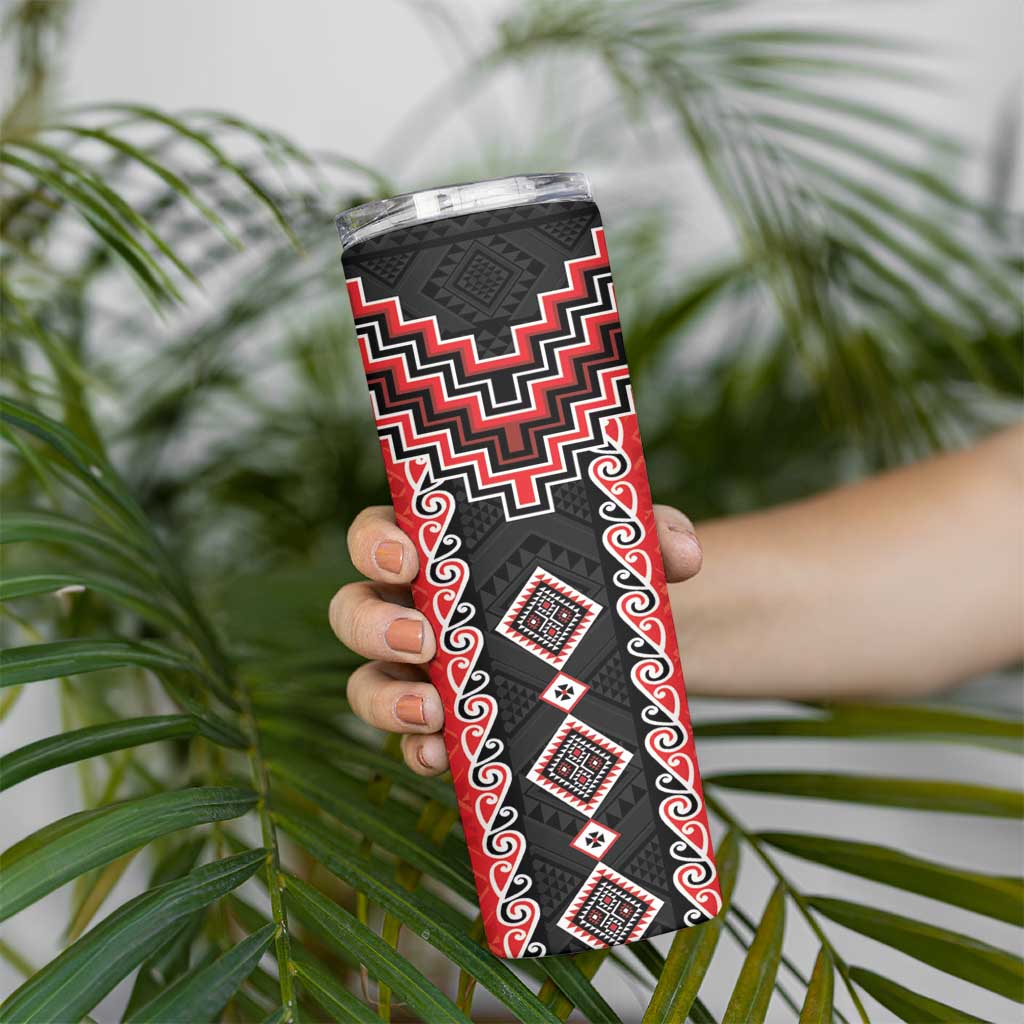 Red Niho Taniwha Mix Poutama Skinny Tumbler Unique Taniko Aotearoa