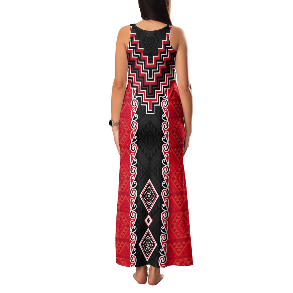 Red Niho Taniwha Mix Poutama Tank Maxi Dress Unique Taniko Aotearoa LT01 - Polynesian Pride