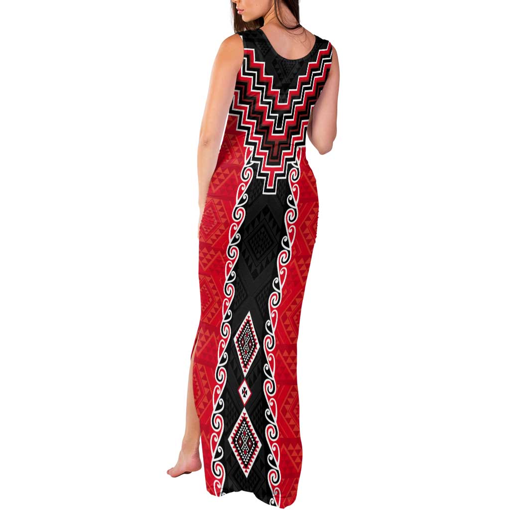 Red Niho Taniwha Mix Poutama Tank Maxi Dress Unique Taniko Aotearoa LT01 - Polynesian Pride