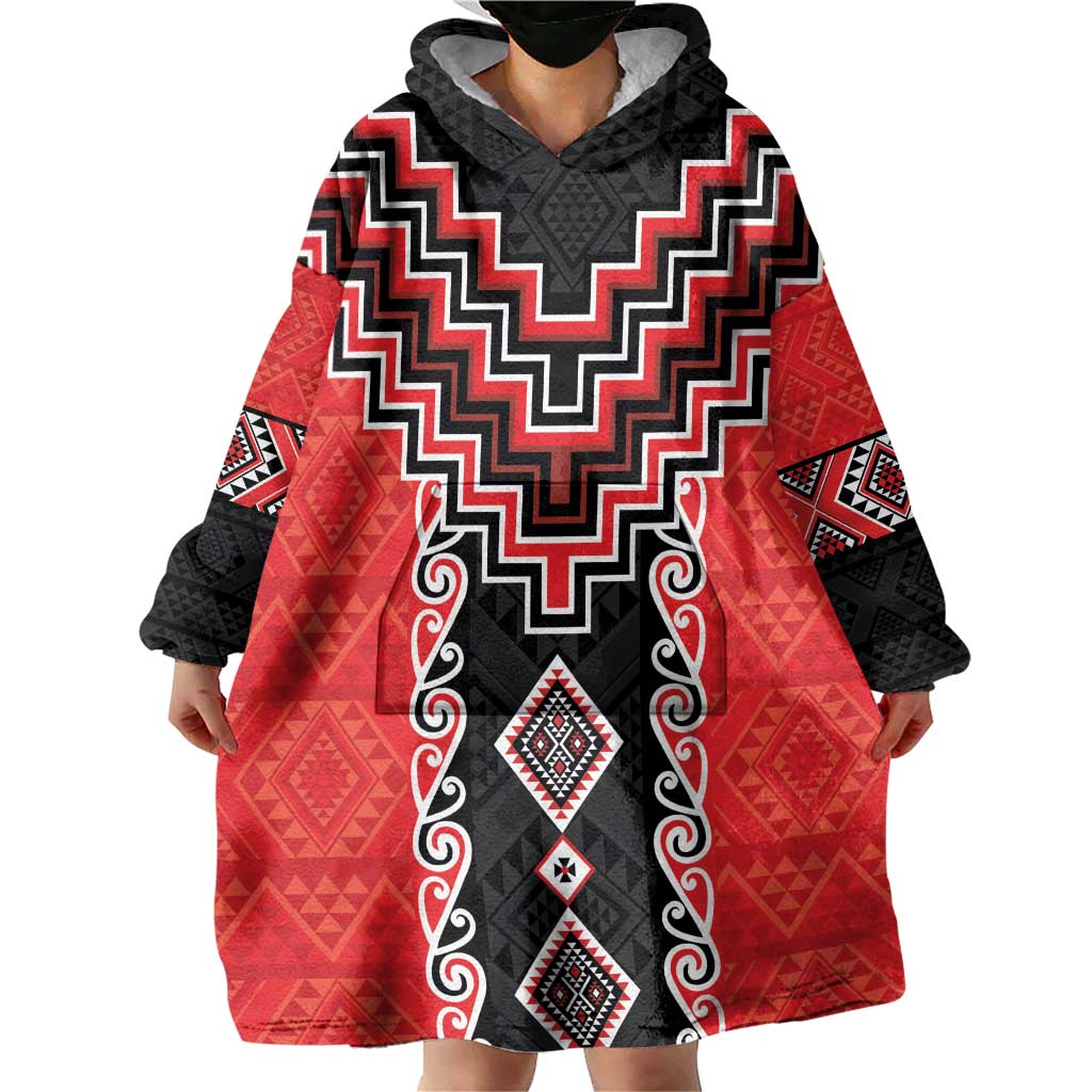 Red Niho Taniwha Mix Poutama Wearable Blanket Hoodie Unique Taniko Aotearoa LT01 - Polynesian Pride