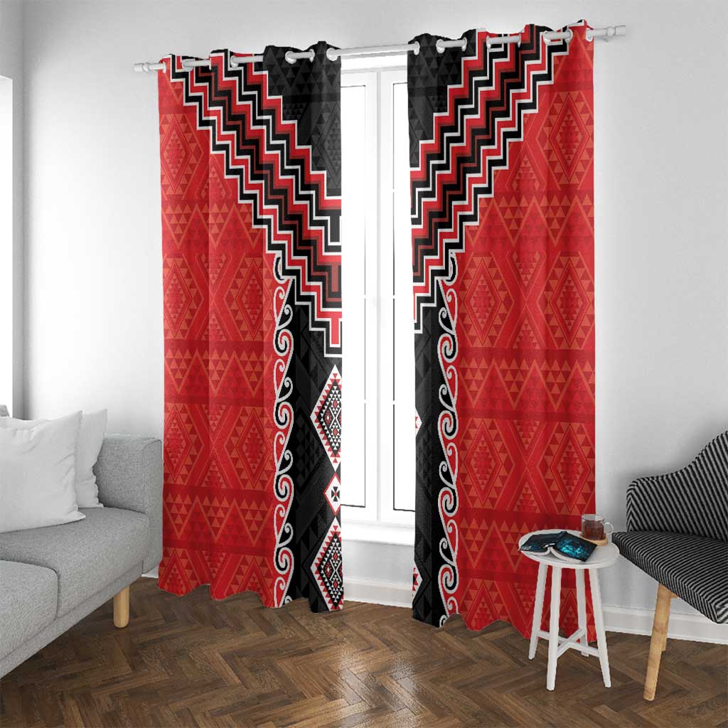 Red Niho Taniwha Mix Poutama Window Curtain Unique Taniko Aotearoa LT01 With Grommets Red - Polynesian Pride