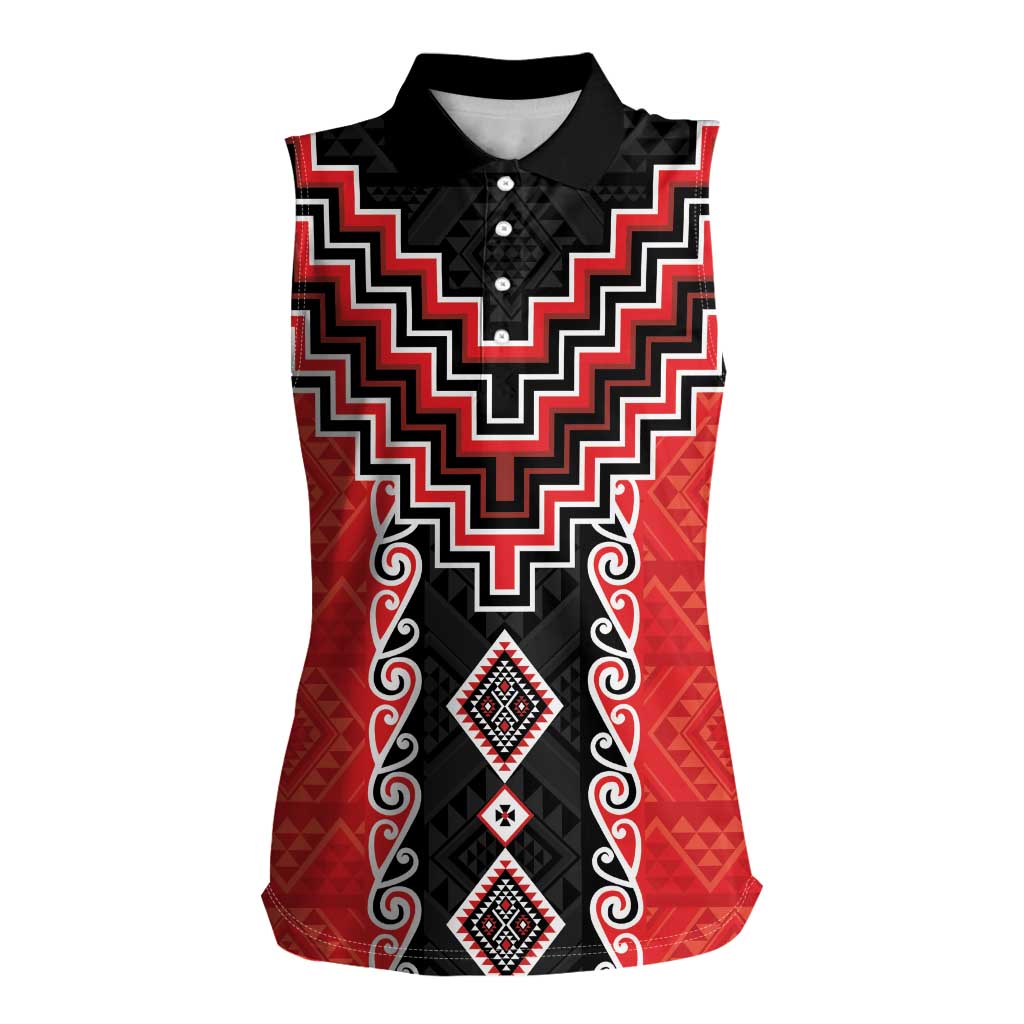 Red Niho Taniwha Mix Poutama Women Sleeveless Polo Shirt Unique Taniko Aotearoa