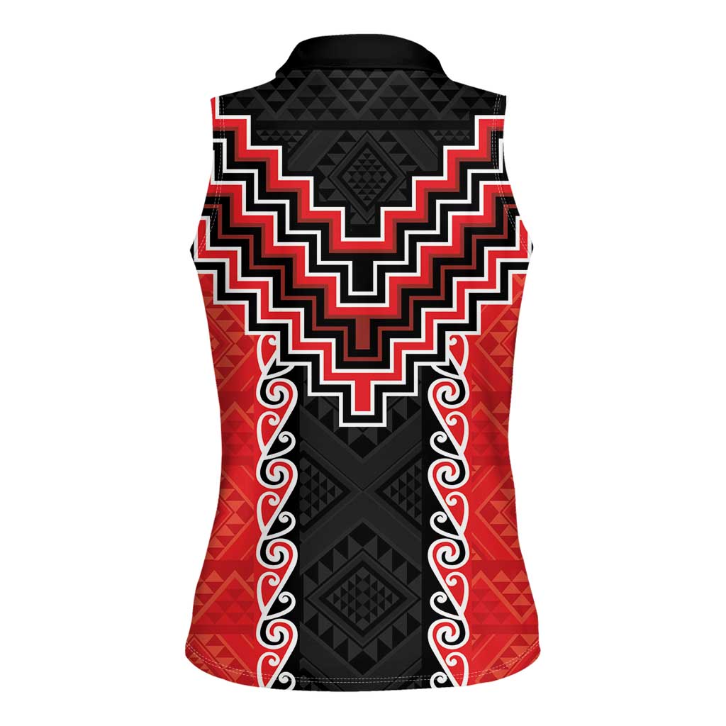 Red Niho Taniwha Mix Poutama Women Sleeveless Polo Shirt Unique Taniko Aotearoa