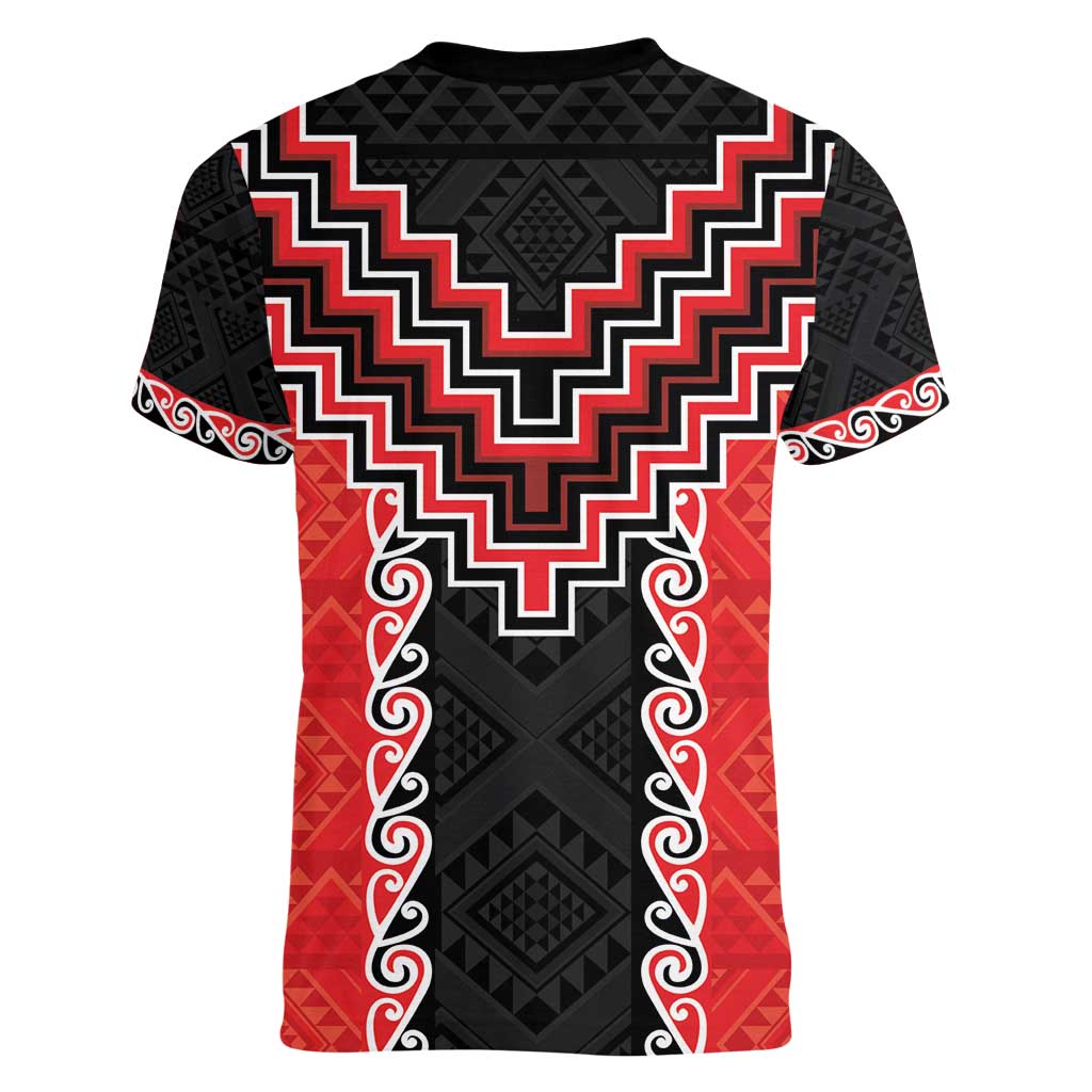 Red Niho Taniwha Mix Poutama Women V-Neck T-Shirt Unique Taniko Aotearoa LT01 - Polynesian Pride