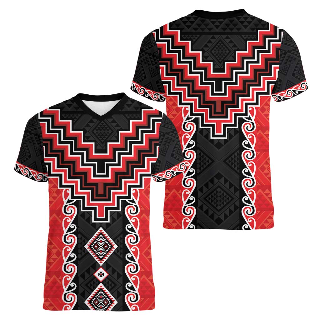 Red Niho Taniwha Mix Poutama Women V-Neck T-Shirt Unique Taniko Aotearoa LT01 - Polynesian Pride