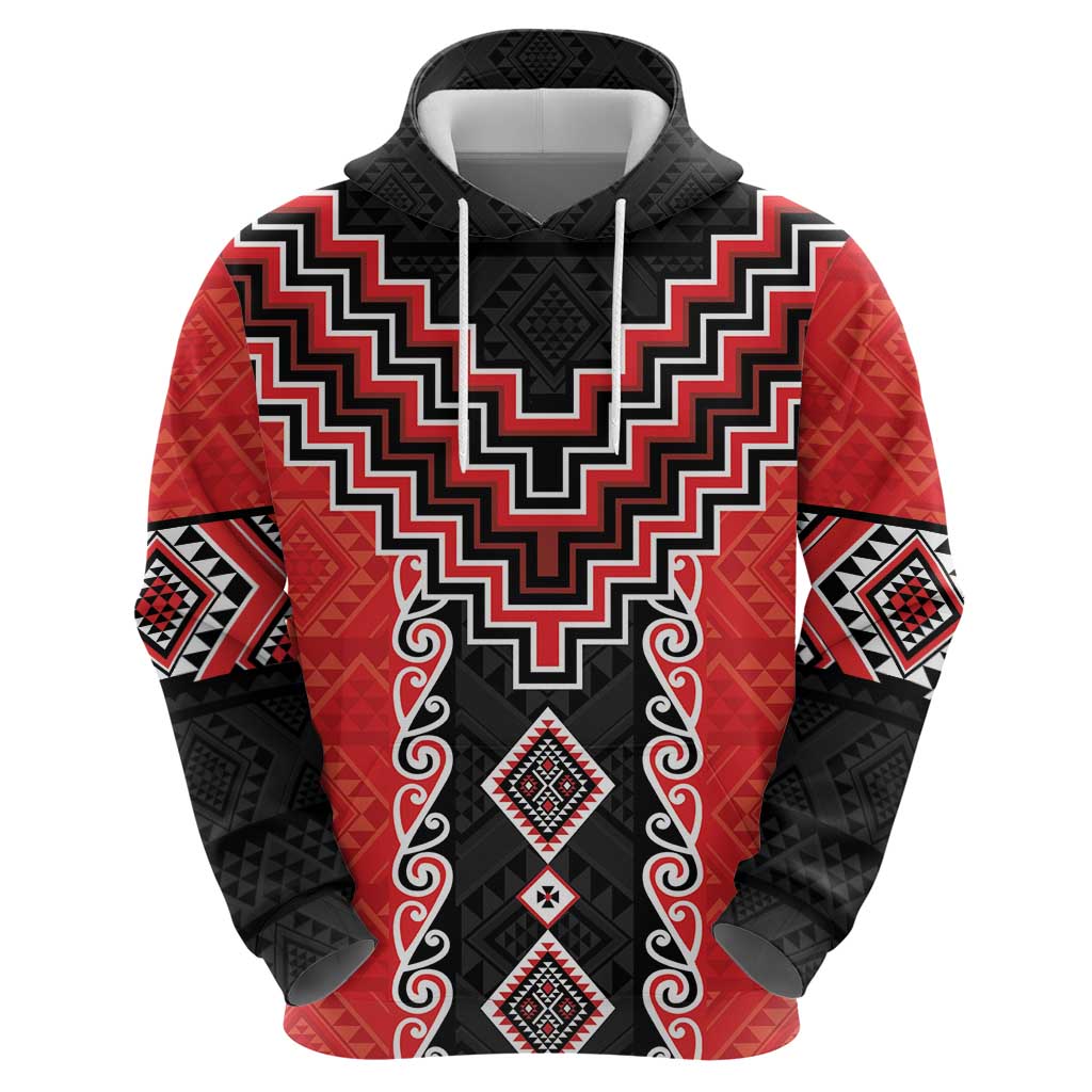 Red Niho Taniwha Mix Poutama Zip Hoodie Unique Taniko Aotearoa