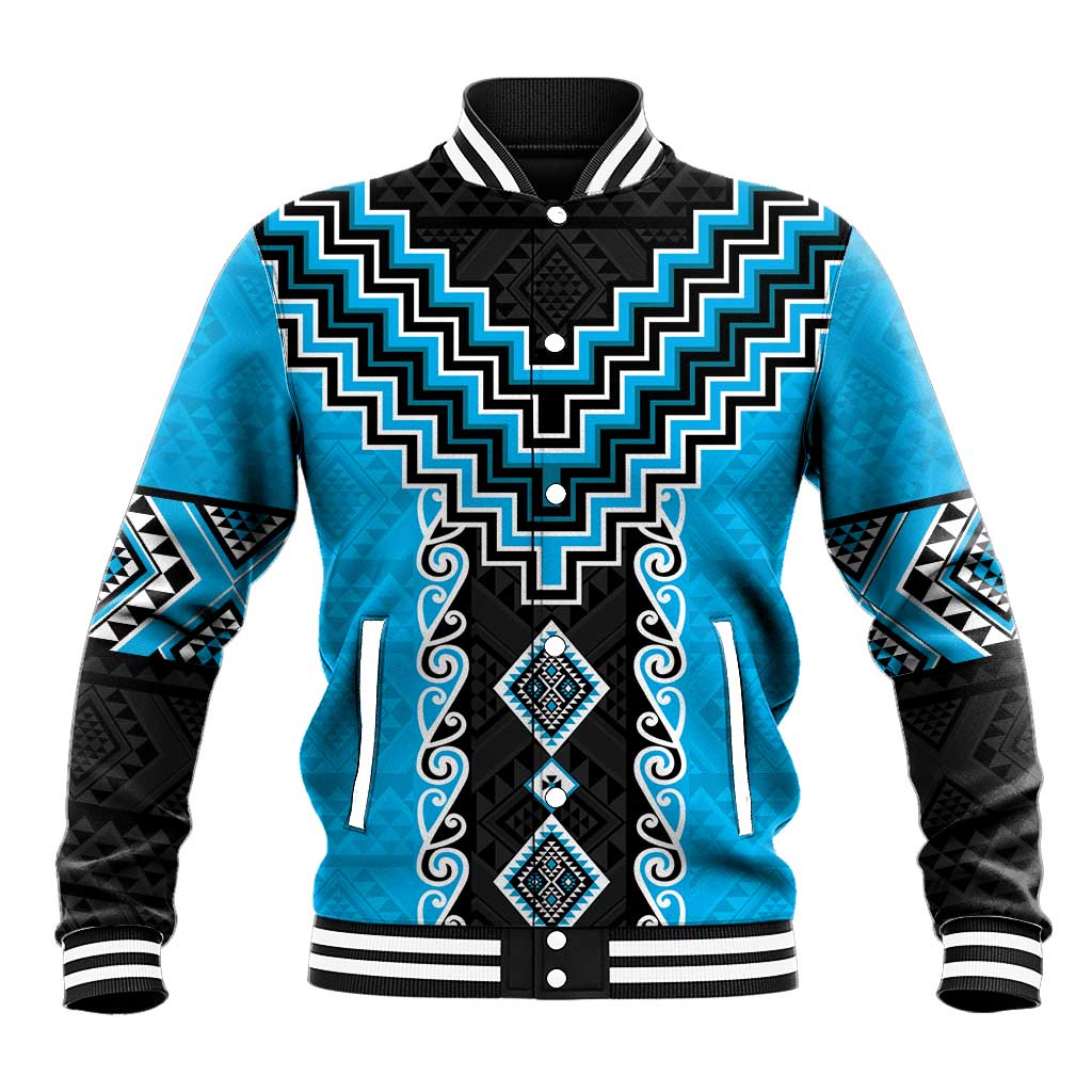 Sky Blue Niho Taniwha Mix Poutama Baseball Jacket Unique Taniko Aotearoa LT01 Unisex Sky Blue - Polynesian Pride