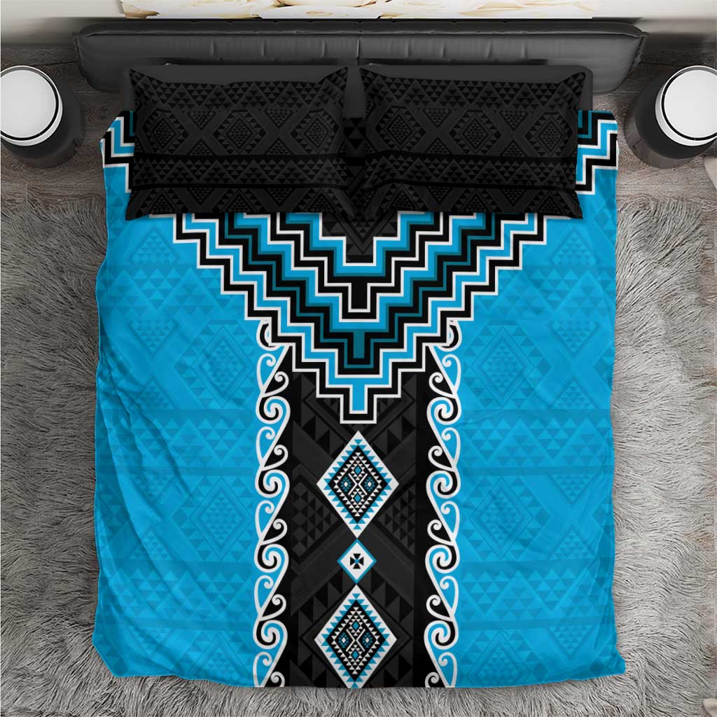 Sky Blue Niho Taniwha Mix Poutama Bedding Set Unique Taniko Aotearoa