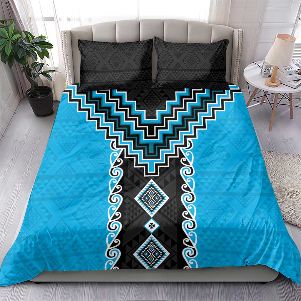 Sky Blue Niho Taniwha Mix Poutama Bedding Set Unique Taniko Aotearoa