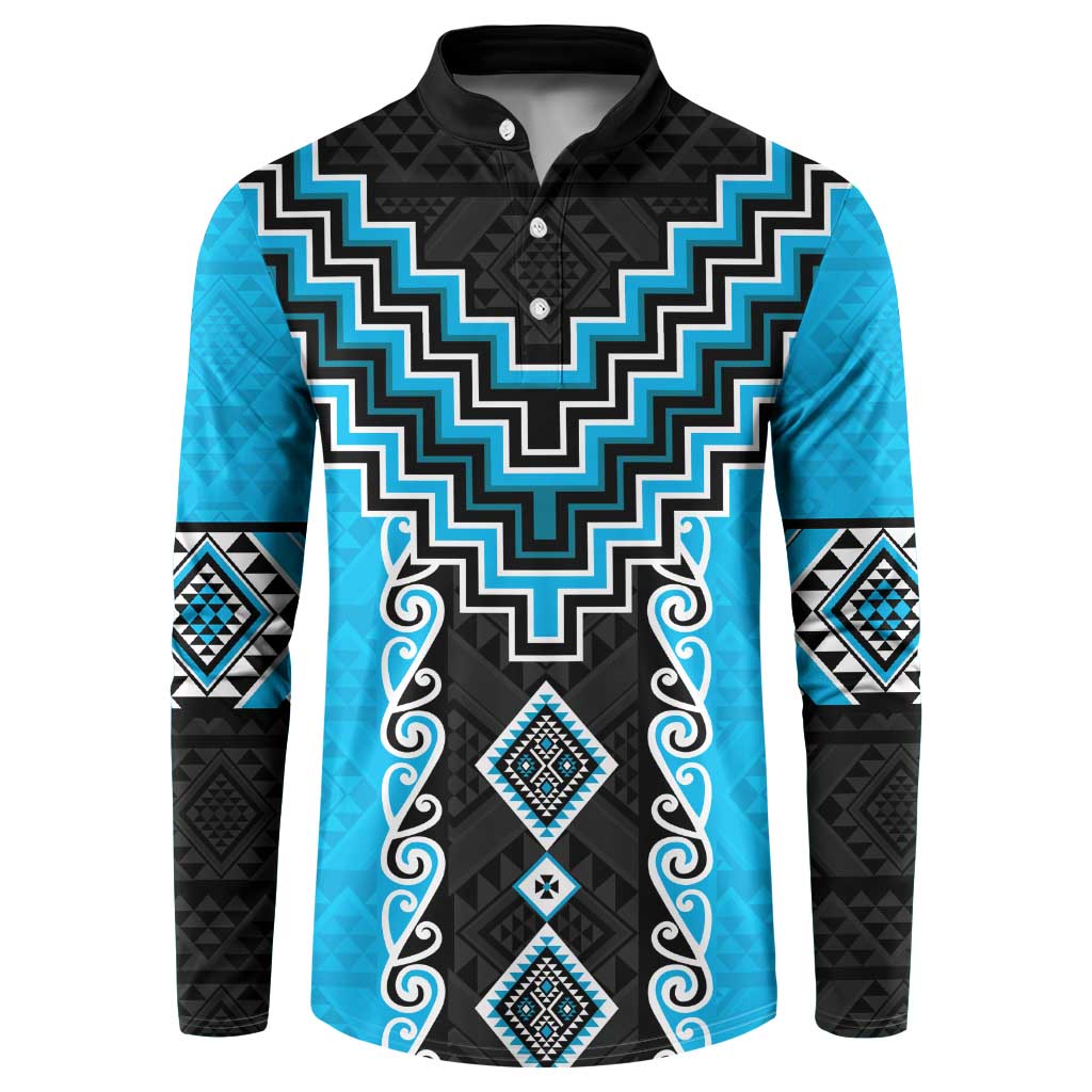 Sky Blue Niho Taniwha Mix Poutama Button Sweatshirt Unique Taniko Aotearoa LT01 Sky Blue - Polynesian Pride