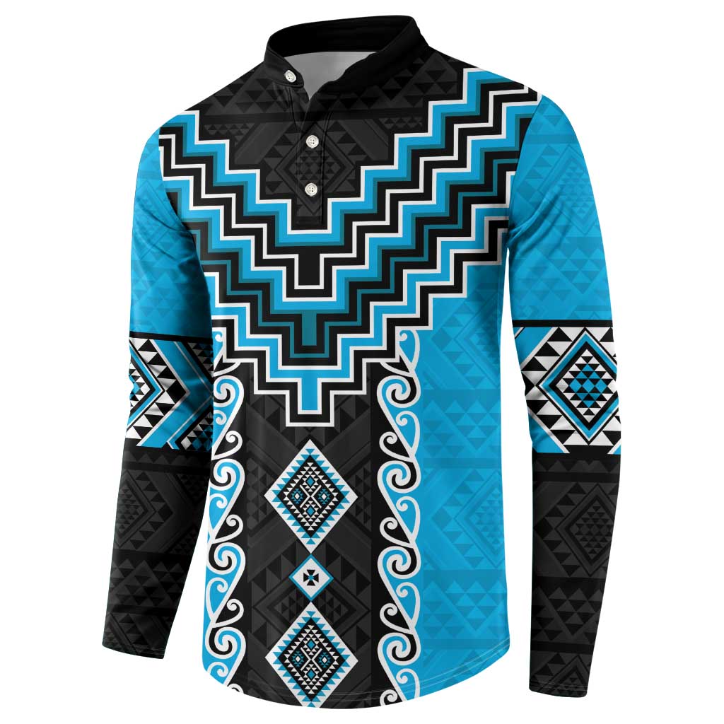 Sky Blue Niho Taniwha Mix Poutama Button Sweatshirt Unique Taniko Aotearoa LT01 - Polynesian Pride