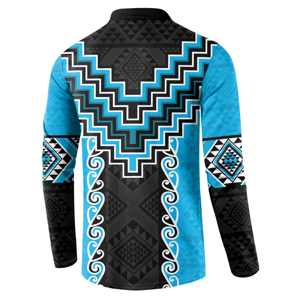 Sky Blue Niho Taniwha Mix Poutama Button Sweatshirt Unique Taniko Aotearoa LT01 - Polynesian Pride