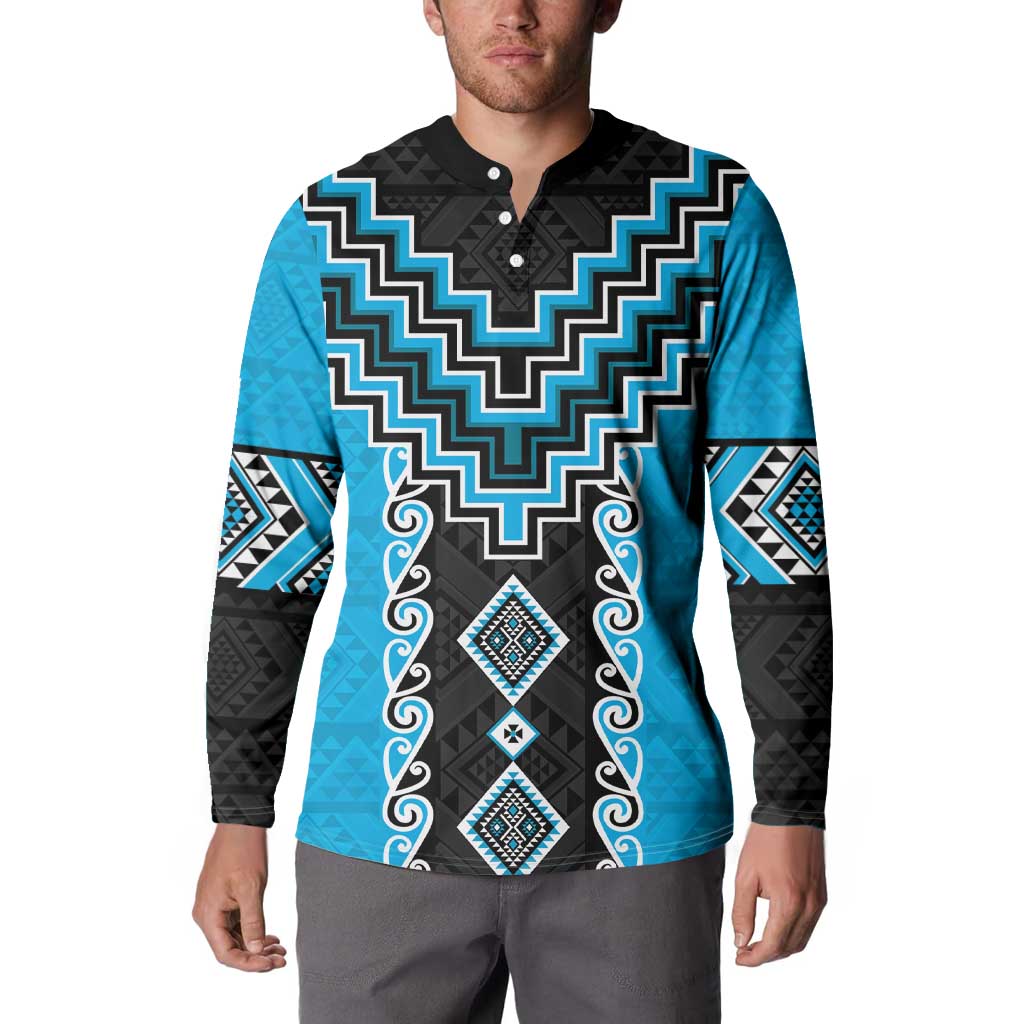 Sky Blue Niho Taniwha Mix Poutama Button Sweatshirt Unique Taniko Aotearoa LT01 - Polynesian Pride