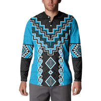 Sky Blue Niho Taniwha Mix Poutama Button Sweatshirt Unique Taniko Aotearoa LT01 - Polynesian Pride