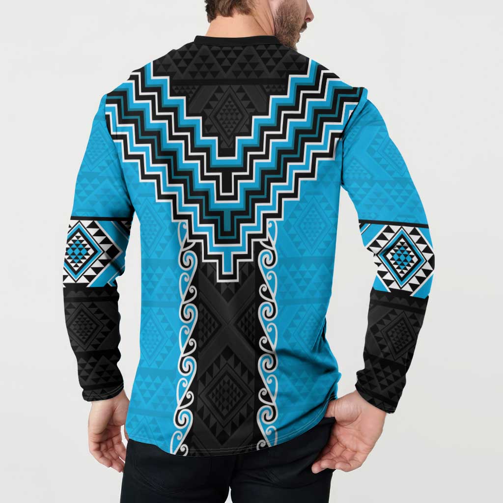 Sky Blue Niho Taniwha Mix Poutama Button Sweatshirt Unique Taniko Aotearoa LT01 - Polynesian Pride