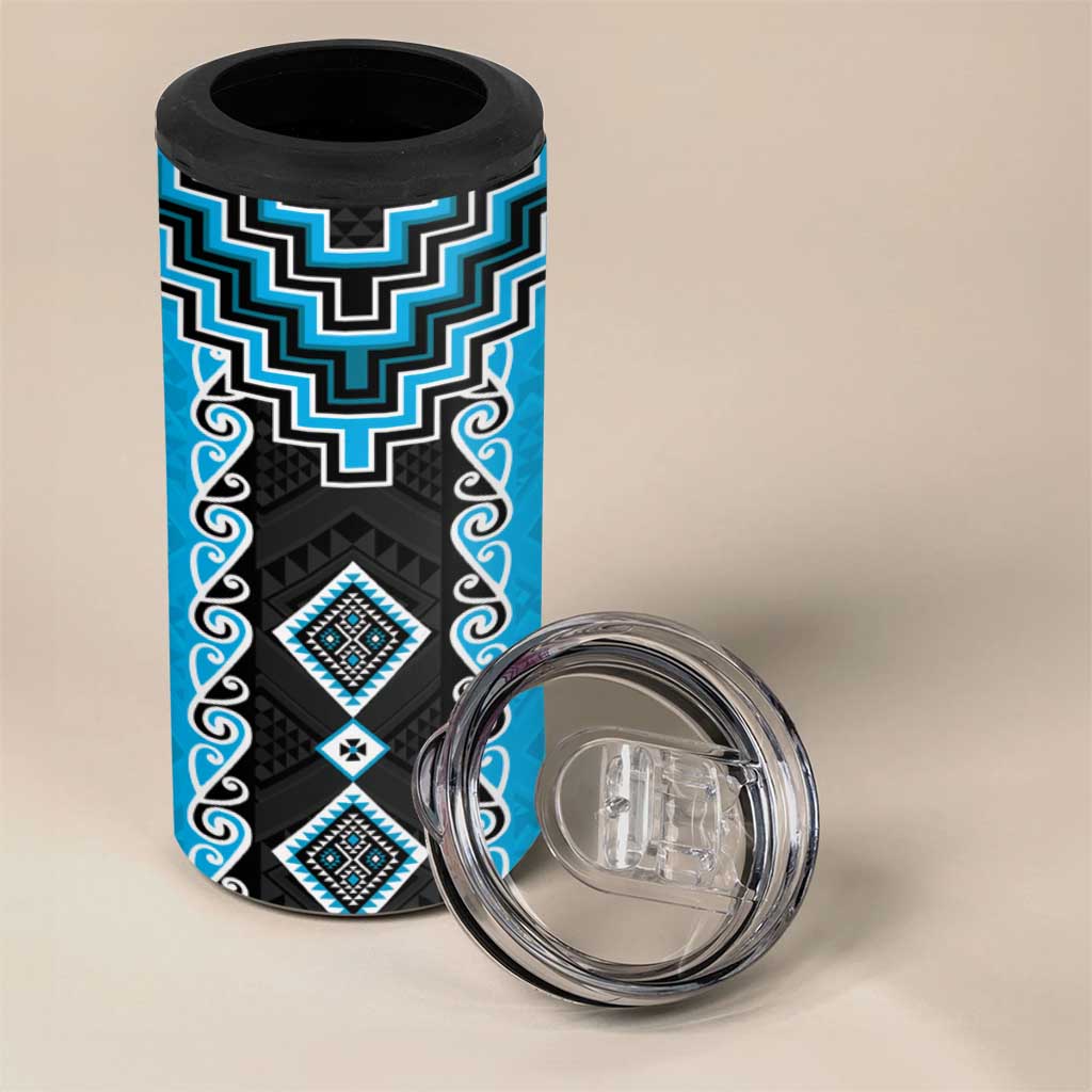 Sky Blue Niho Taniwha Mix Poutama 4 in 1 Can Cooler Tumbler Unique Taniko Aotearoa LT01 - Polynesian Pride