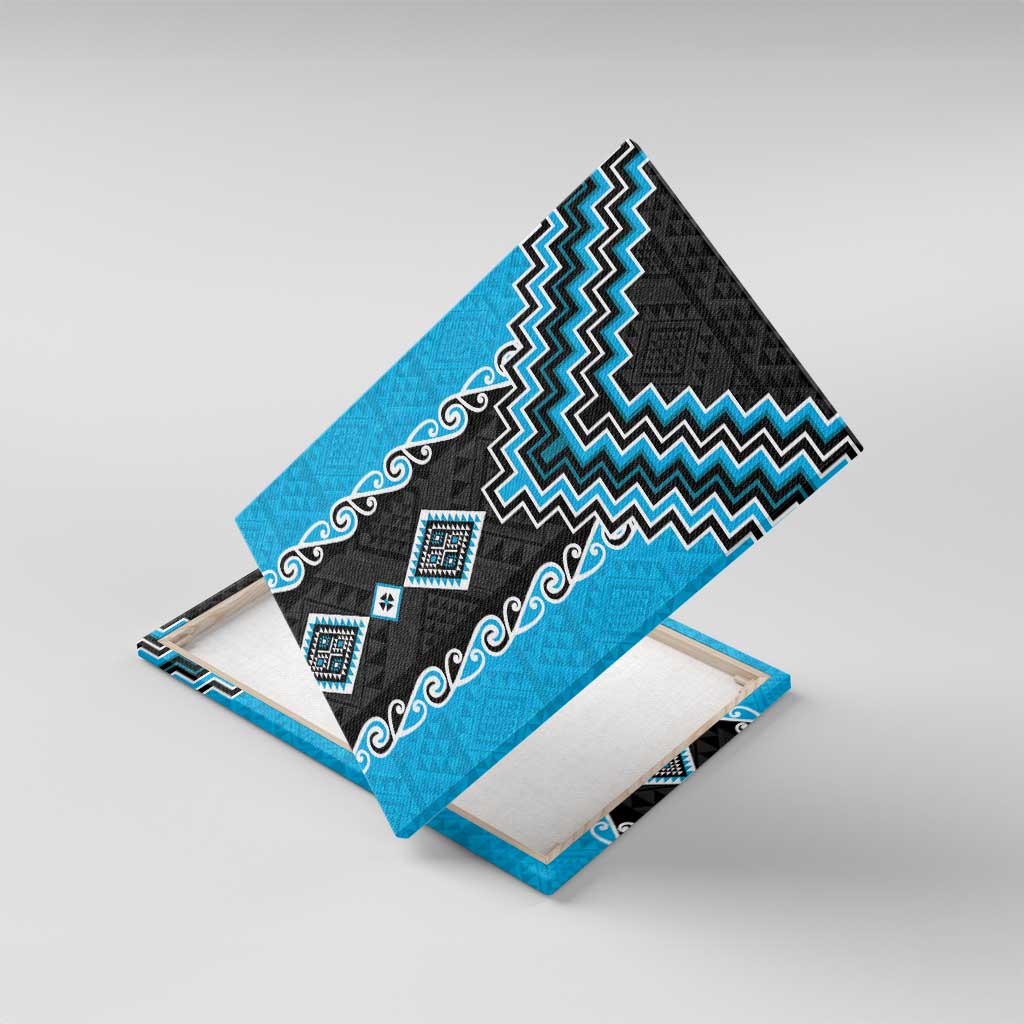 Sky Blue Niho Taniwha Mix Poutama Canvas Wall Art Unique Taniko Aotearoa LT01 With Frame Sky Blue - Polynesian Pride