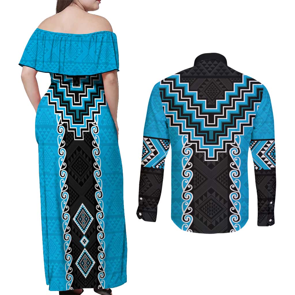 Sky Blue Niho Taniwha Mix Poutama Couples Matching Off Shoulder Maxi Dress and Long Sleeve Button Shirt Unique Taniko Aotearoa