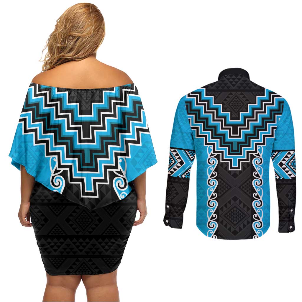 Sky Blue Niho Taniwha Mix Poutama Couples Matching Off Shoulder Short Dress and Long Sleeve Button Shirt Unique Taniko Aotearoa LT01 - Polynesian Pride