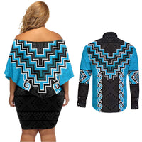 Sky Blue Niho Taniwha Mix Poutama Couples Matching Off Shoulder Short Dress and Long Sleeve Button Shirt Unique Taniko Aotearoa LT01 - Polynesian Pride