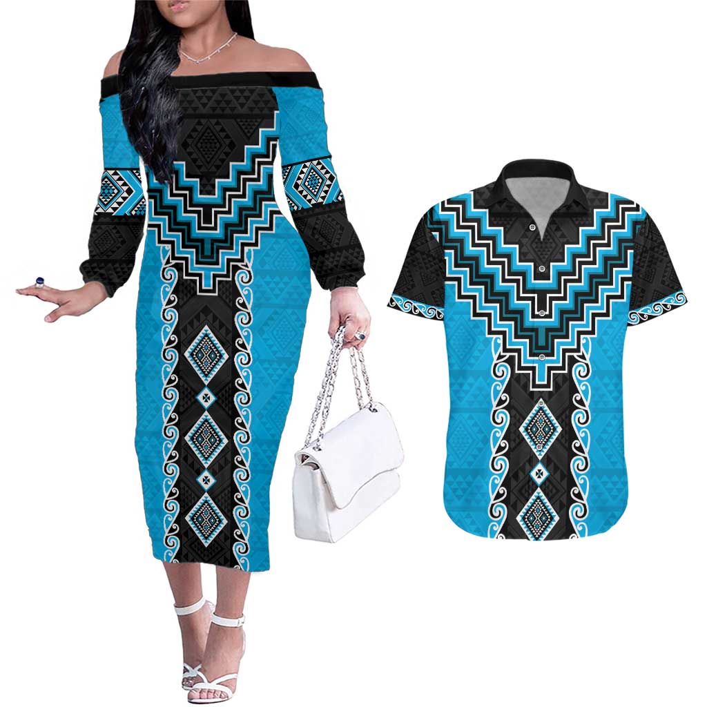 Sky Blue Niho Taniwha Mix Poutama Couples Matching Off The Shoulder Long Sleeve Dress and Hawaiian Shirt Unique Taniko Aotearoa LT01 Sky Blue - Polynesian Pride