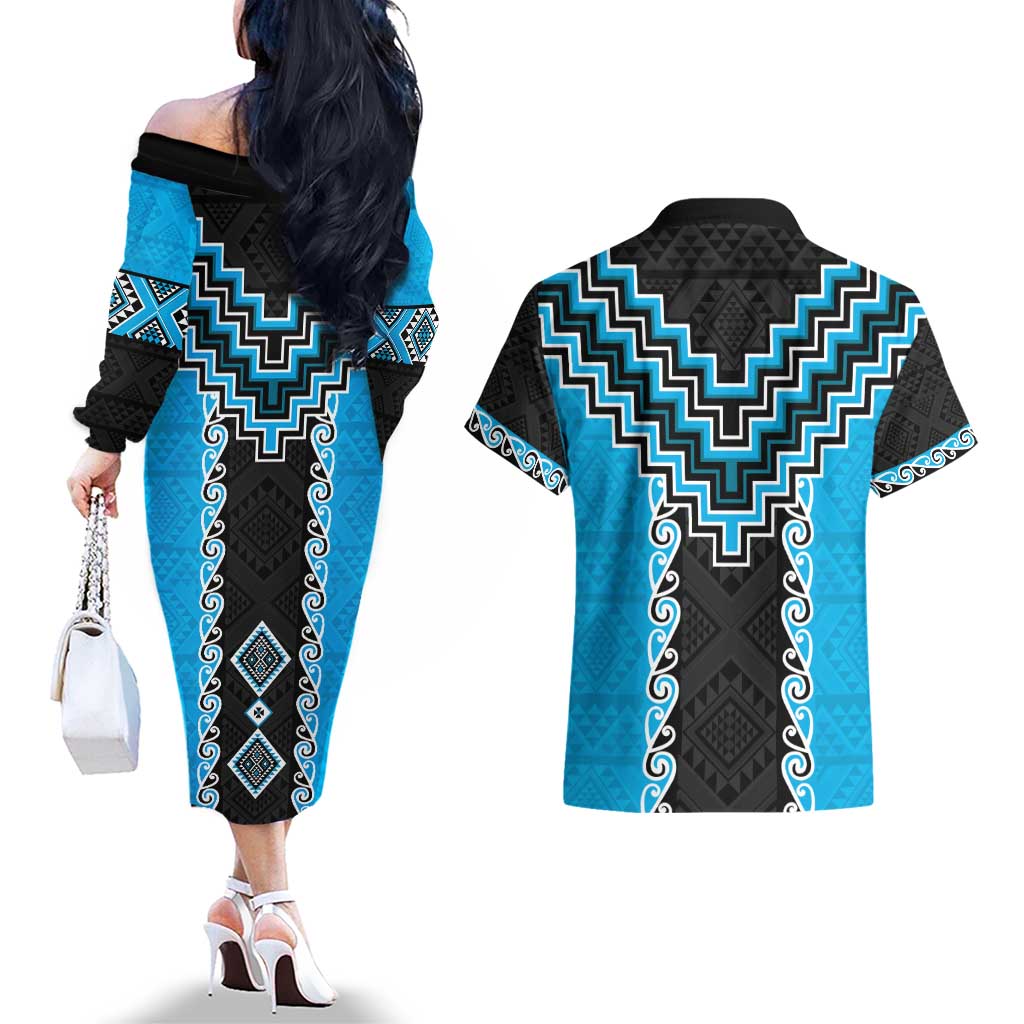Sky Blue Niho Taniwha Mix Poutama Couples Matching Off The Shoulder Long Sleeve Dress and Hawaiian Shirt Unique Taniko Aotearoa LT01 - Polynesian Pride