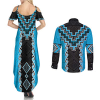Sky Blue Niho Taniwha Mix Poutama Couples Matching Summer Maxi Dress and Long Sleeve Button Shirt Unique Taniko Aotearoa LT01 - Polynesian Pride