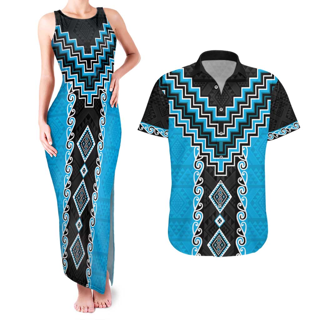 Sky Blue Niho Taniwha Mix Poutama Couples Matching Tank Maxi Dress and Hawaiian Shirt Unique Taniko Aotearoa LT01 Sky Blue - Polynesian Pride