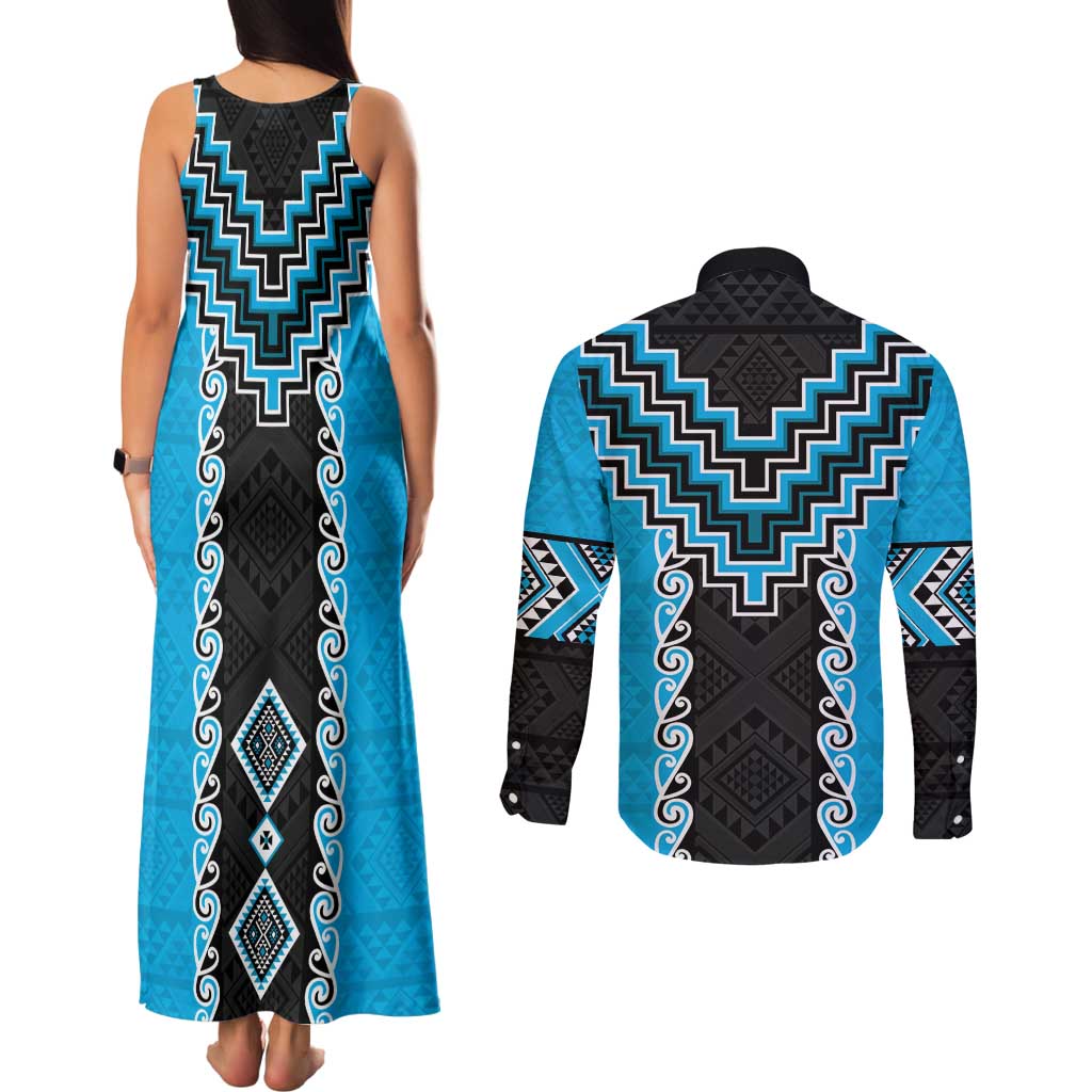 Sky Blue Niho Taniwha Mix Poutama Couples Matching Tank Maxi Dress and Long Sleeve Button Shirt Unique Taniko Aotearoa