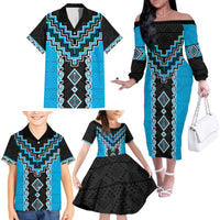 Sky Blue Niho Taniwha Mix Poutama Family Matching Off The Shoulder Long Sleeve Dress and Hawaiian Shirt Unique Taniko Aotearoa