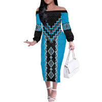 Sky Blue Niho Taniwha Mix Poutama Family Matching Off The Shoulder Long Sleeve Dress and Hawaiian Shirt Unique Taniko Aotearoa