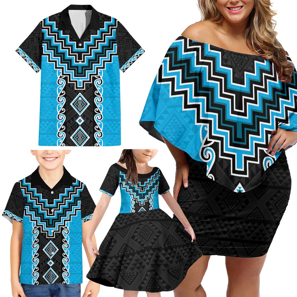 Sky Blue Niho Taniwha Mix Poutama Family Matching Off Shoulder Short Dress and Hawaiian Shirt Unique Taniko Aotearoa