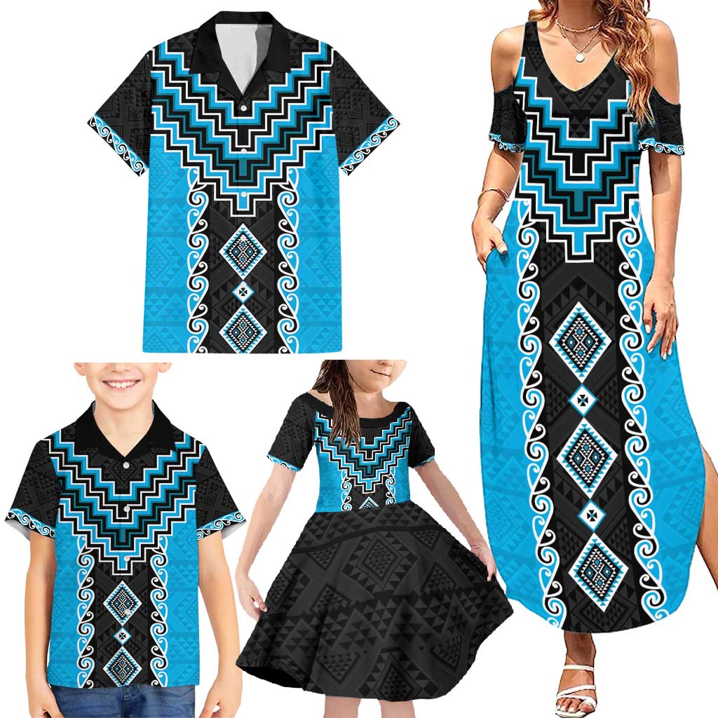 Sky Blue Niho Taniwha Mix Poutama Family Matching Summer Maxi Dress and Hawaiian Shirt Unique Taniko Aotearoa