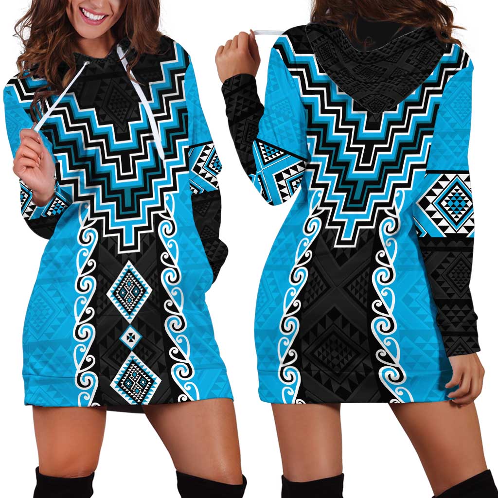 Sky Blue Niho Taniwha Mix Poutama Hoodie Dress Unique Taniko Aotearoa LT01 - Polynesian Pride