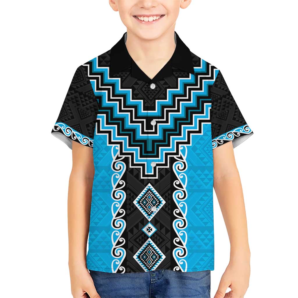 Sky Blue Niho Taniwha Mix Poutama Kid Hawaiian Shirt Unique Taniko Aotearoa