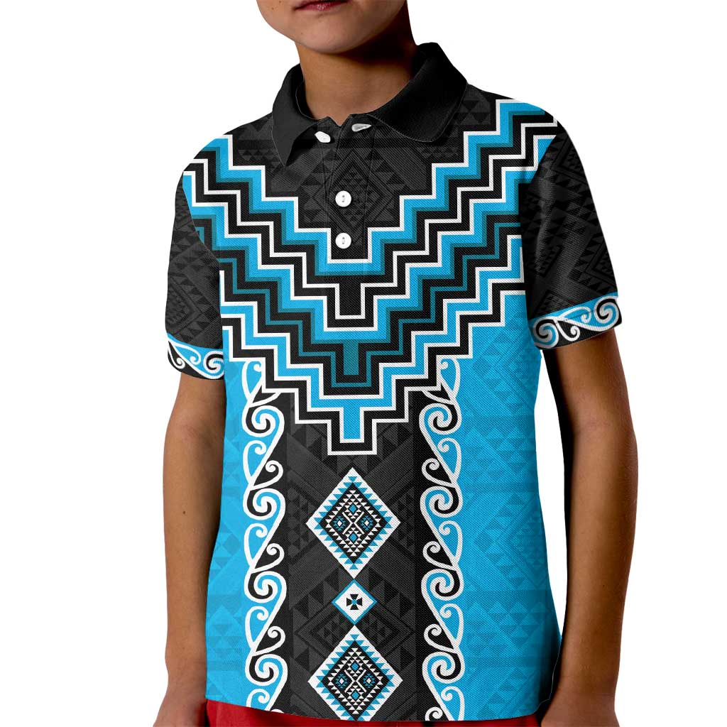 Sky Blue Niho Taniwha Mix Poutama Kid Polo Shirt Unique Taniko Aotearoa
