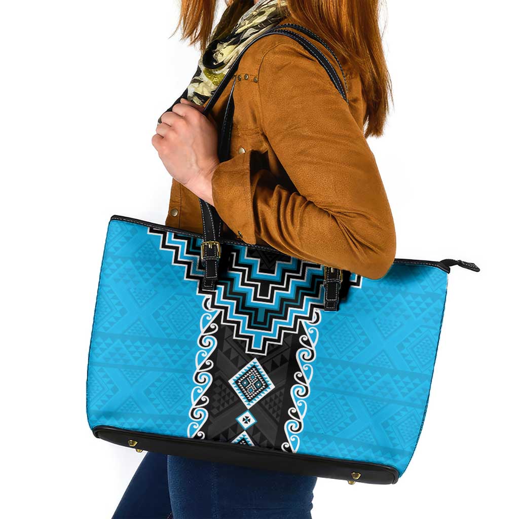 Sky Blue Niho Taniwha Mix Poutama Leather Tote Bag Unique Taniko Aotearoa
