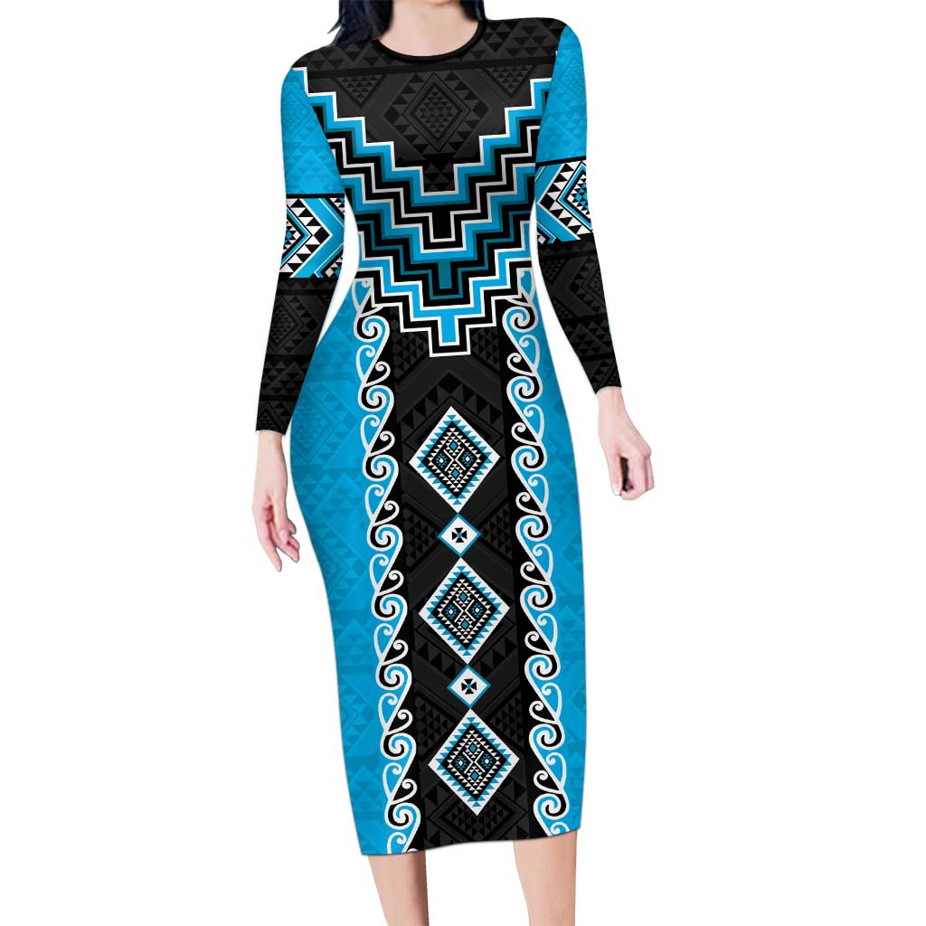 Sky Blue Niho Taniwha Mix Poutama Long Sleeve Bodycon Dress Unique Taniko Aotearoa