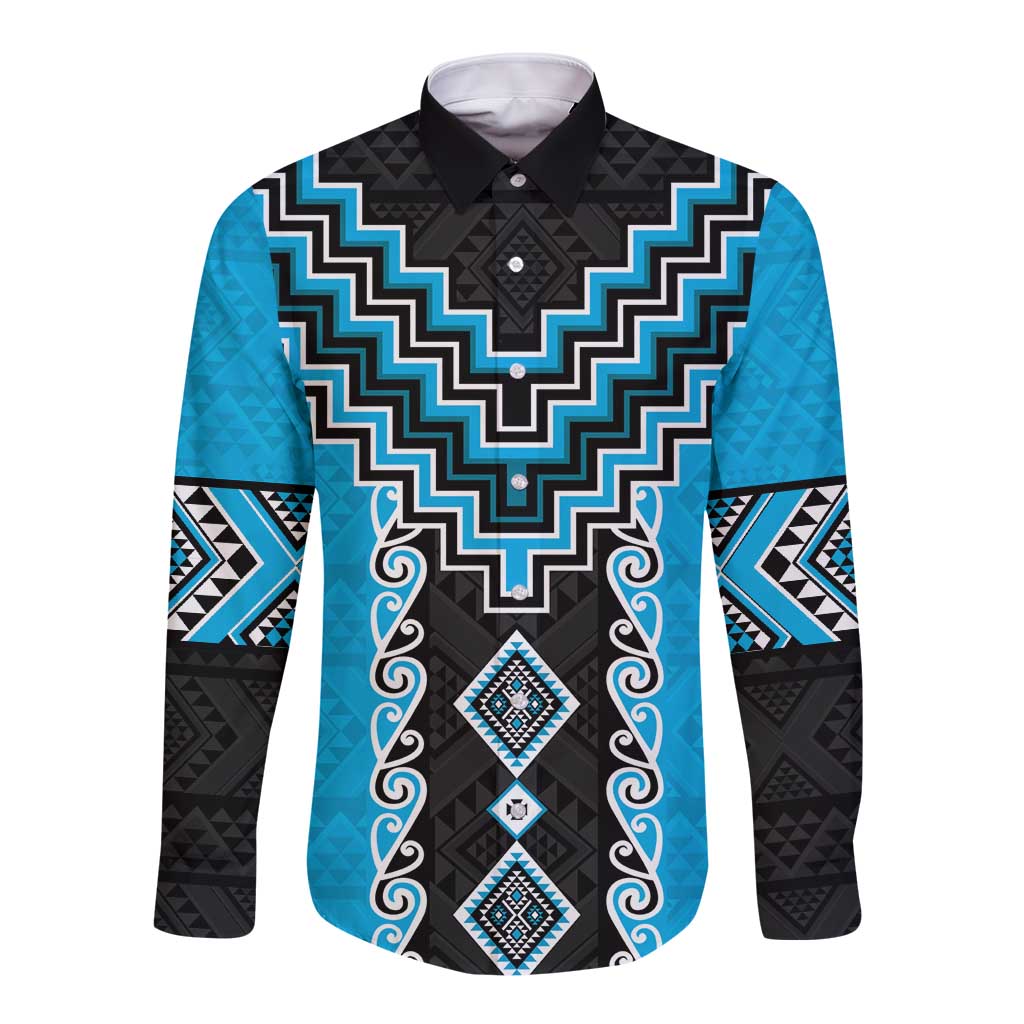 Sky Blue Niho Taniwha Mix Poutama Long Sleeve Button Shirt Unique Taniko Aotearoa