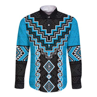 Sky Blue Niho Taniwha Mix Poutama Long Sleeve Button Shirt Unique Taniko Aotearoa