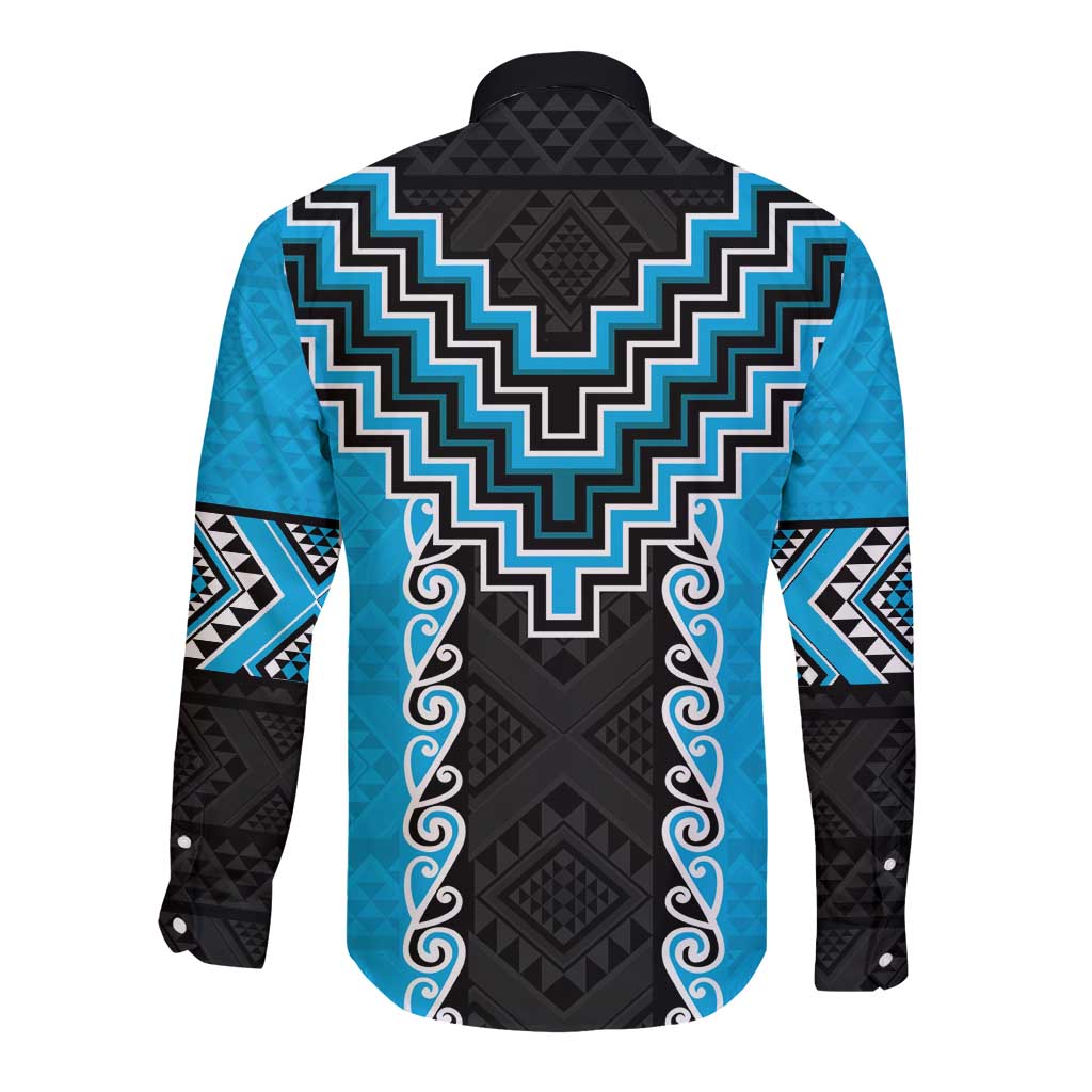 Sky Blue Niho Taniwha Mix Poutama Long Sleeve Button Shirt Unique Taniko Aotearoa