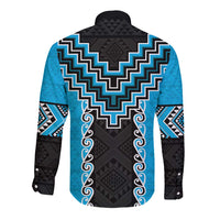 Sky Blue Niho Taniwha Mix Poutama Long Sleeve Button Shirt Unique Taniko Aotearoa