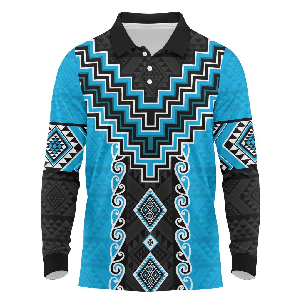Sky Blue Niho Taniwha Mix Poutama Long Sleeve Polo Shirt Unique Taniko Aotearoa