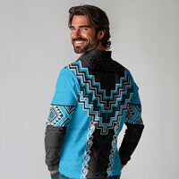 Sky Blue Niho Taniwha Mix Poutama Long Sleeve Polo Shirt Unique Taniko Aotearoa