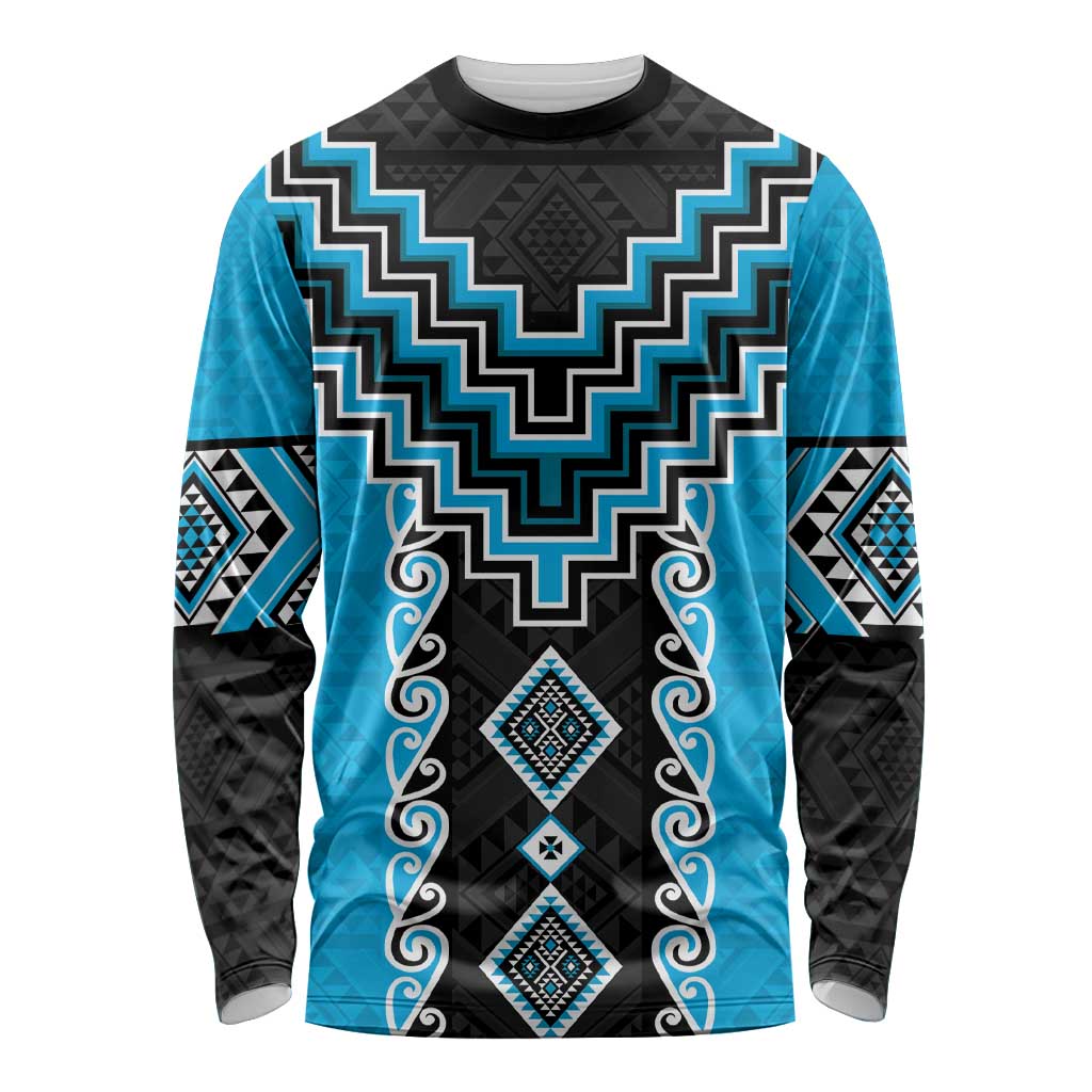 Sky Blue Niho Taniwha Mix Poutama Long Sleeve Shirt Unique Taniko Aotearoa LT01 Unisex Sky Blue - Polynesian Pride