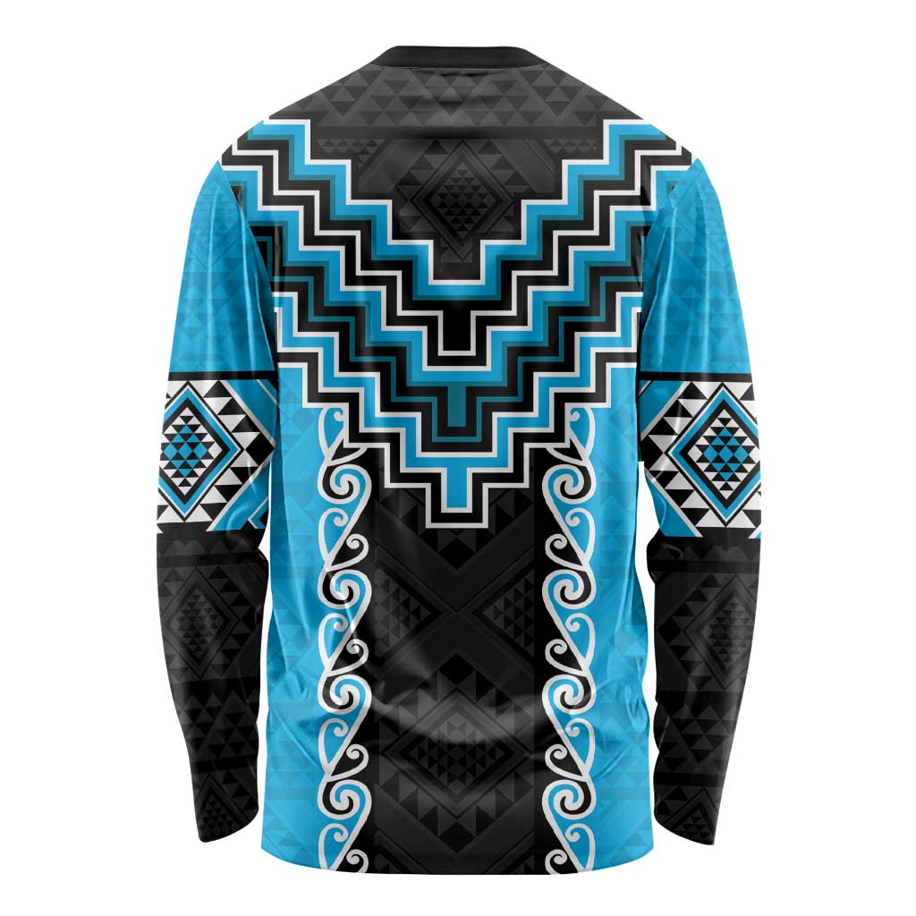 Sky Blue Niho Taniwha Mix Poutama Long Sleeve Shirt Unique Taniko Aotearoa LT01 - Polynesian Pride